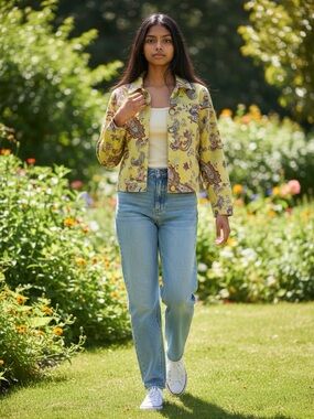 Coldwater Creek Yellow Paisley Print Jean Jacket